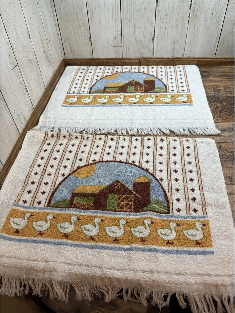 Vintage 1980s HALF Kitchen Hand Cut Towel Farm Duck Goose Scene Barn Cottage